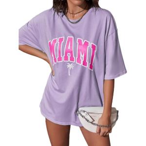 imageVerdusa Womens Summer Oversized Cute Shirt Graphic Print Short Sleeve Tunic Tops Casual Loose Drop Shoulder Crew Neck TeeLilac Purple