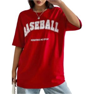 imageVerdusa Womens Summer Oversized Cute Shirt Graphic Print Short Sleeve Tunic Tops Casual Loose Drop Shoulder Crew Neck TeeRed