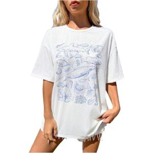 imageVerdusa Womens Summer Oversized Cute Shirt Graphic Print Short Sleeve Tunic Tops Casual Loose Drop Shoulder Crew Neck TeeWhite