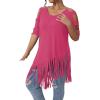 imageVerdusa Womens Plus Size Cold Shoulder Cut Out Tee Shirts Fringe Hem Short Sleeve TopsPink