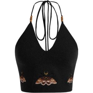 imageVerdusa Womens Crop Halter Tops Y2k Goth Clothes Crochet Cami Sleeveless Tie Backless Boho Knit Top CamisoleBlack