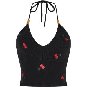 imageVerdusa Womens Crop Halter Tops Y2k Goth Clothes Crochet Cami Sleeveless Tie Backless Boho Knit Top CamisoleCherry Black