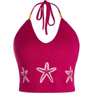 imageVerdusa Womens Crop Halter Tops Y2k Goth Clothes Crochet Cami Sleeveless Tie Backless Boho Knit Top CamisoleHot Pink