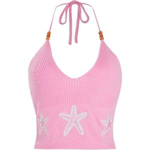 imageVerdusa Womens Crop Halter Tops Y2k Goth Clothes Crochet Cami Sleeveless Tie Backless Boho Knit Top CamisolePink