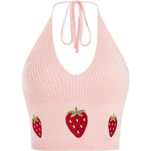 imageVerdusa Womens Crop Halter Tops Y2k Goth Clothes Crochet Cami Sleeveless Tie Backless Boho Knit Top CamisolePink Red