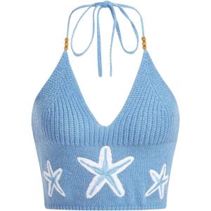 imageVerdusa Womens Crop Halter Tops Y2k Goth Clothes Crochet Cami Sleeveless Tie Backless Boho Knit Top CamisoleStar Blue