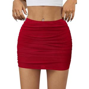 imageVerdusa Womens Mesh Ruched Pencil Skirt High Waisted Bodycon Mini SkirtsRed