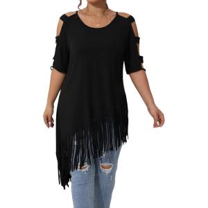 imageVerdusa Womens Plus Size Cold Shoulder Cut Out Tee Shirts Fringe Hem Short Sleeve TopsBlack
