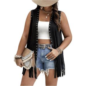 imageVerdusa Womens Plus Size Fringe Vest Faux Suede Rivets Sleeveless Tassel JacketBlack