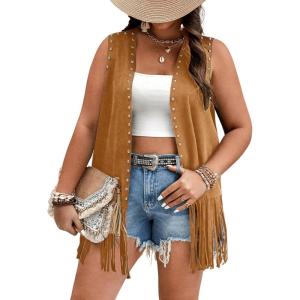 imageVerdusa Womens Plus Size Fringe Vest Faux Suede Rivets Sleeveless Tassel JacketCamel