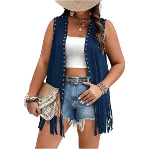 imageVerdusa Womens Plus Size Fringe Vest Faux Suede Rivets Sleeveless Tassel JacketDark Blue