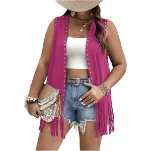 imageVerdusa Womens Plus Size Fringe Vest Faux Suede Rivets Sleeveless Tassel JacketHot Pink