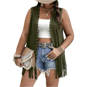 imageVerdusa Womens Plus Size Fringe Vest Faux Suede Rivets Sleeveless Tassel JacketOlive Green