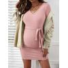 imageVerdusa Womens Maternity Ribbed Knit Belted Tie Front High Waist Short Bodycon Dress