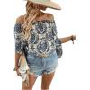 imageVerdusa Womens Off Shoulder Shirred Half Sleeve Loose Striped Blouse Shirt TopBlue