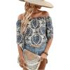 imageVerdusa Womens Off Shoulder Shirred Half Sleeve Loose Striped Blouse Shirt TopBlue