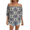 imageVerdusa Womens Off Shoulder Shirred Half Sleeve Loose Striped Blouse Shirt TopBlue