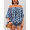 imageVerdusa Womens Off Shoulder Shirred Half Sleeve Loose Striped Blouse Shirt TopBlue Floral