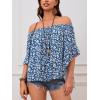 imageVerdusa Womens Off Shoulder Shirred Half Sleeve Loose Striped Blouse Shirt TopBlue Floral