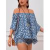 imageVerdusa Womens Off Shoulder Shirred Half Sleeve Loose Striped Blouse Shirt TopBlue Floral