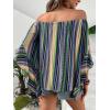 imageVerdusa Womens Off Shoulder Shirred Half Sleeve Loose Striped Blouse Shirt TopBlue Multi