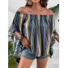 imageVerdusa Womens Off Shoulder Shirred Half Sleeve Loose Striped Blouse Shirt TopBlue Multi