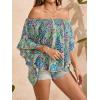 imageVerdusa Womens Off Shoulder Shirred Half Sleeve Loose Striped Blouse Shirt TopBlue Paisley