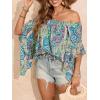 imageVerdusa Womens Off Shoulder Shirred Half Sleeve Loose Striped Blouse Shirt TopBlue Paisley