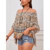 imageVerdusa Womens Off Shoulder Shirred Half Sleeve Loose Striped Blouse Shirt TopBrown Multi