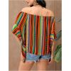 imageVerdusa Womens Off Shoulder Shirred Half Sleeve Loose Striped Blouse Shirt TopDark Multicolor