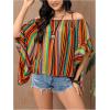 imageVerdusa Womens Off Shoulder Shirred Half Sleeve Loose Striped Blouse Shirt TopDark Multicolor