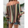 imageVerdusa Womens Off Shoulder Shirred Half Sleeve Loose Striped Blouse Shirt TopGreen Multi