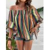 imageVerdusa Womens Off Shoulder Shirred Half Sleeve Loose Striped Blouse Shirt TopGreen Multi