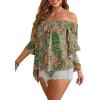 imageVerdusa Womens Off Shoulder Shirred Half Sleeve Loose Striped Blouse Shirt TopLight Green
