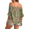 imageVerdusa Womens Off Shoulder Shirred Half Sleeve Loose Striped Blouse Shirt TopLight Green