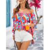 imageVerdusa Womens Off Shoulder Shirred Half Sleeve Loose Striped Blouse Shirt TopOrange and Blue