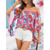 imageVerdusa Womens Off Shoulder Shirred Half Sleeve Loose Striped Blouse Shirt TopOrange and Blue