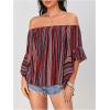 imageVerdusa Womens Off Shoulder Shirred Half Sleeve Loose Striped Blouse Shirt TopRed