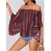 imageVerdusa Womens Off Shoulder Shirred Half Sleeve Loose Striped Blouse Shirt TopRed