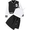 imageVerdusa Girls 3 Piece Outfit Letter Graphic Bomber Jacket Cami Top and Skirt SetsBlack and White
