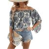 imageVerdusa Womens Off Shoulder Shirred Half Sleeve Loose Striped Blouse Shirt TopBlue