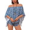 imageVerdusa Womens Off Shoulder Shirred Half Sleeve Loose Striped Blouse Shirt TopBlue Floral