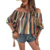 imageVerdusa Womens Off Shoulder Shirred Half Sleeve Loose Striped Blouse Shirt TopGreen Multi