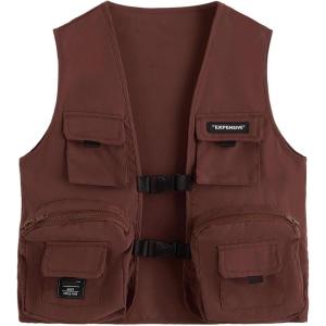 imageVerdusa Boys Pocket Front Buckle Sleeveless Cargo Vest JacketCoffee Brown