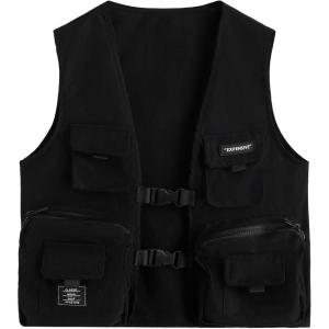 imageVerdusa Boys Pocket Front Buckle Sleeveless Cargo Vest JacketSolid Black