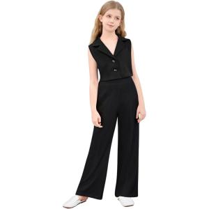 imageVerdusa Girls 2 Piece Outfits Clothing Sets Button Front Crop Vest Blazer and Wide Leg PantsDark Black
