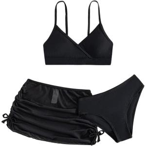 imageVerdusa Girls 3 Piece Bikini Swimwear Cute Swimsuits Bathing Suit High Waisted with Cover Up Beach SkirtBlack