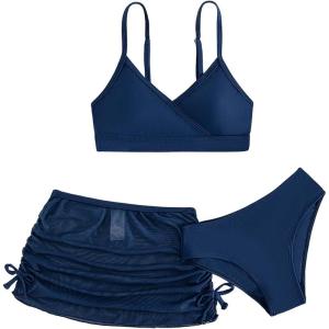 imageVerdusa Girls 3 Piece Bikini Swimwear Cute Swimsuits Bathing Suit High Waisted with Cover Up Beach SkirtDark Blue