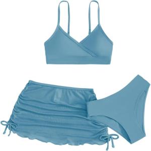 imageVerdusa Girls 3 Piece Bikini Swimwear Cute Swimsuits Bathing Suit High Waisted with Cover Up Beach SkirtDusty Blue