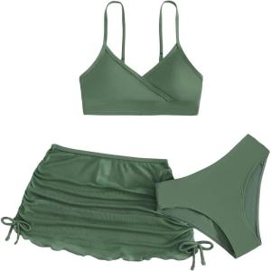 imageVerdusa Girls 3 Piece Bikini Swimwear Cute Swimsuits Bathing Suit High Waisted with Cover Up Beach SkirtOlive Green